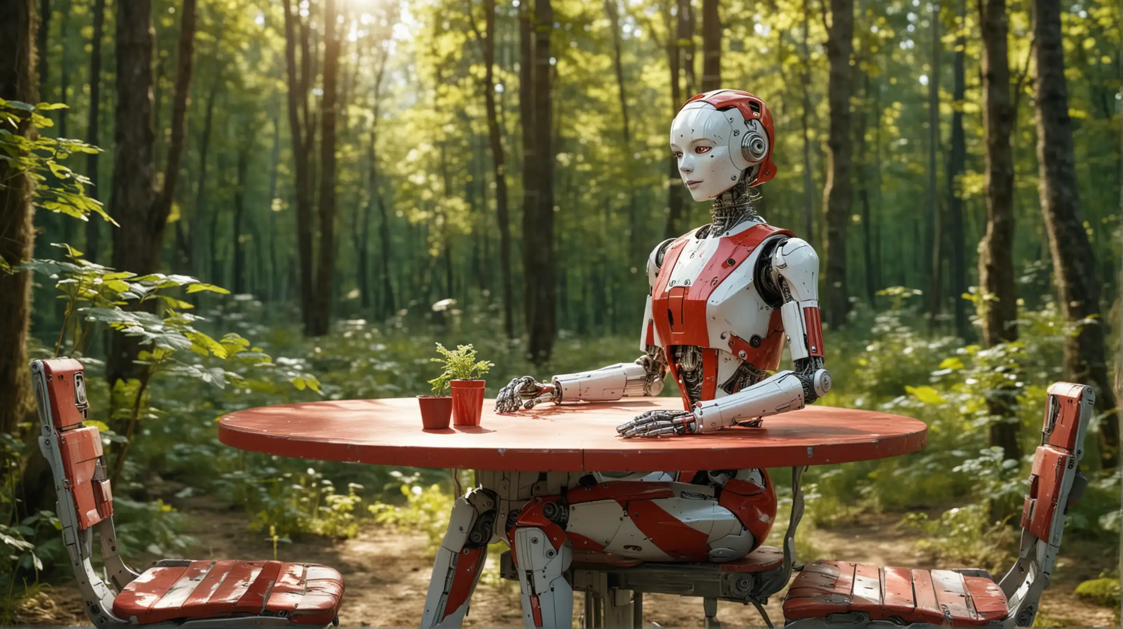 Beautiful WomanRobot in Red and White Suit Waiting in Enchanted Forest Glade