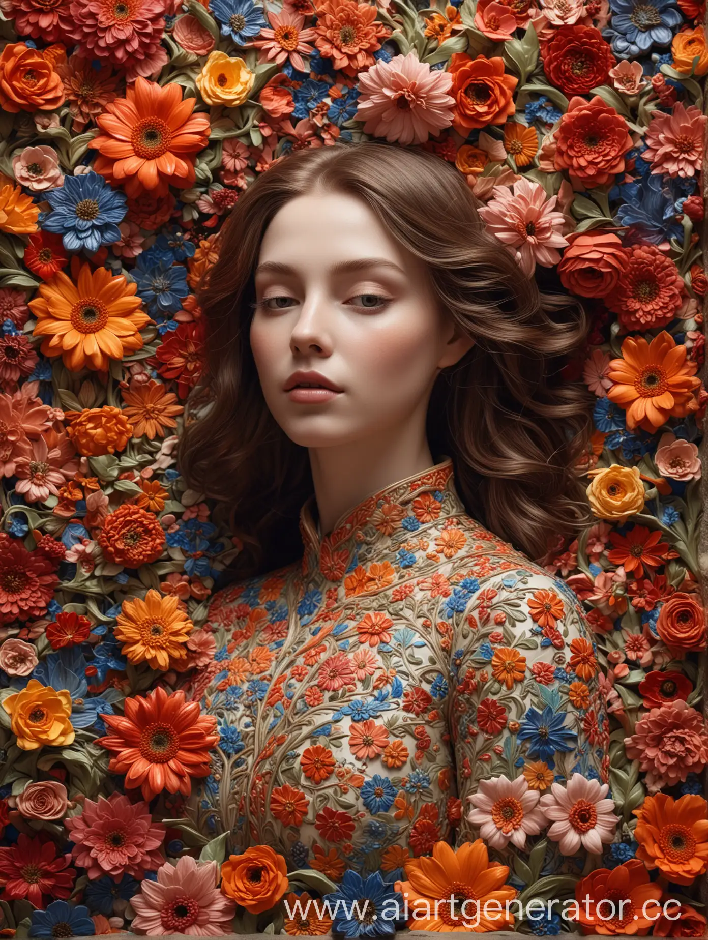 /a mesmerizing scene where a woman is emerging from a blend of colorful flowers and intricate ceramic textures, symbolizing the sweetest of bitter stories. Her form is elegantly intertwined with vibrant petals and delicate pottery elements, creating a captivating contrast. The image features a harmonious mix of vivid and earthy tones with detailed ceramic patterns, evoking both beauty and depth --v 5 --ar 16:9 --q 2 --style artistic --contrast 1.5 --color-palette #FFB6C1,#FFD700,#8B4513,#2F4F4F,#A52A2A,#708090
