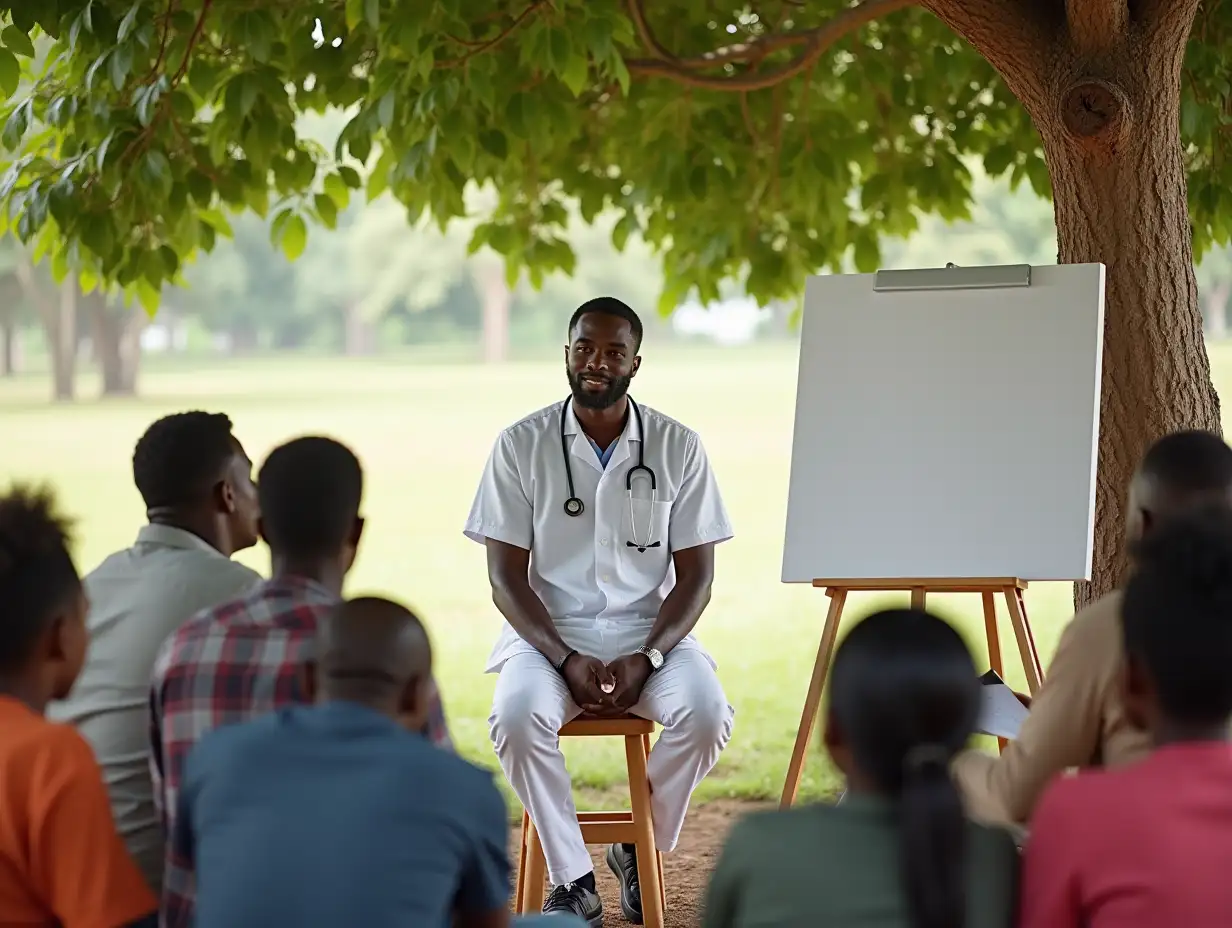 Black-Male-Nurse-Giving-EducationalAI-Art-Prompt-Expansion-Session-Under-a-Tree-to-Rural-Community-Members