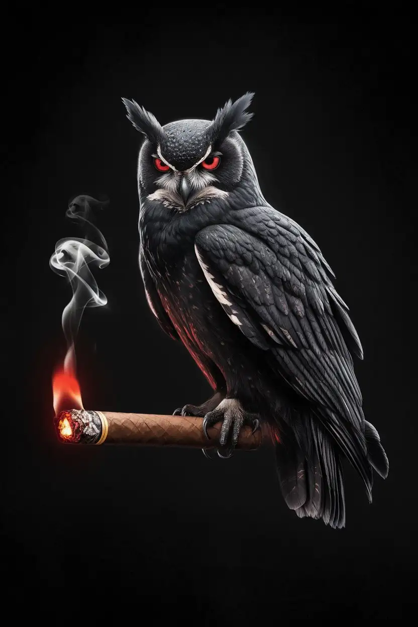 A hyper-detailed, dark romance aesthetic image featuring an all-black owl with glowing red eyes, its feathers sleek and glossy like midnight silk. The owl is perched regally atop the lit end of a burning cigar, smoke curling up around its talons like whispers. The background is pure, unbroken black—solid darkness—no stars, no moon, just a void. The red ember of the cigar is the only light source, casting a faint, eerie glow on the owl’s underside. The mood is seductive, dangerous, and mysterious, evoking themes of forbidden love, vengeance, and gothic obsession.