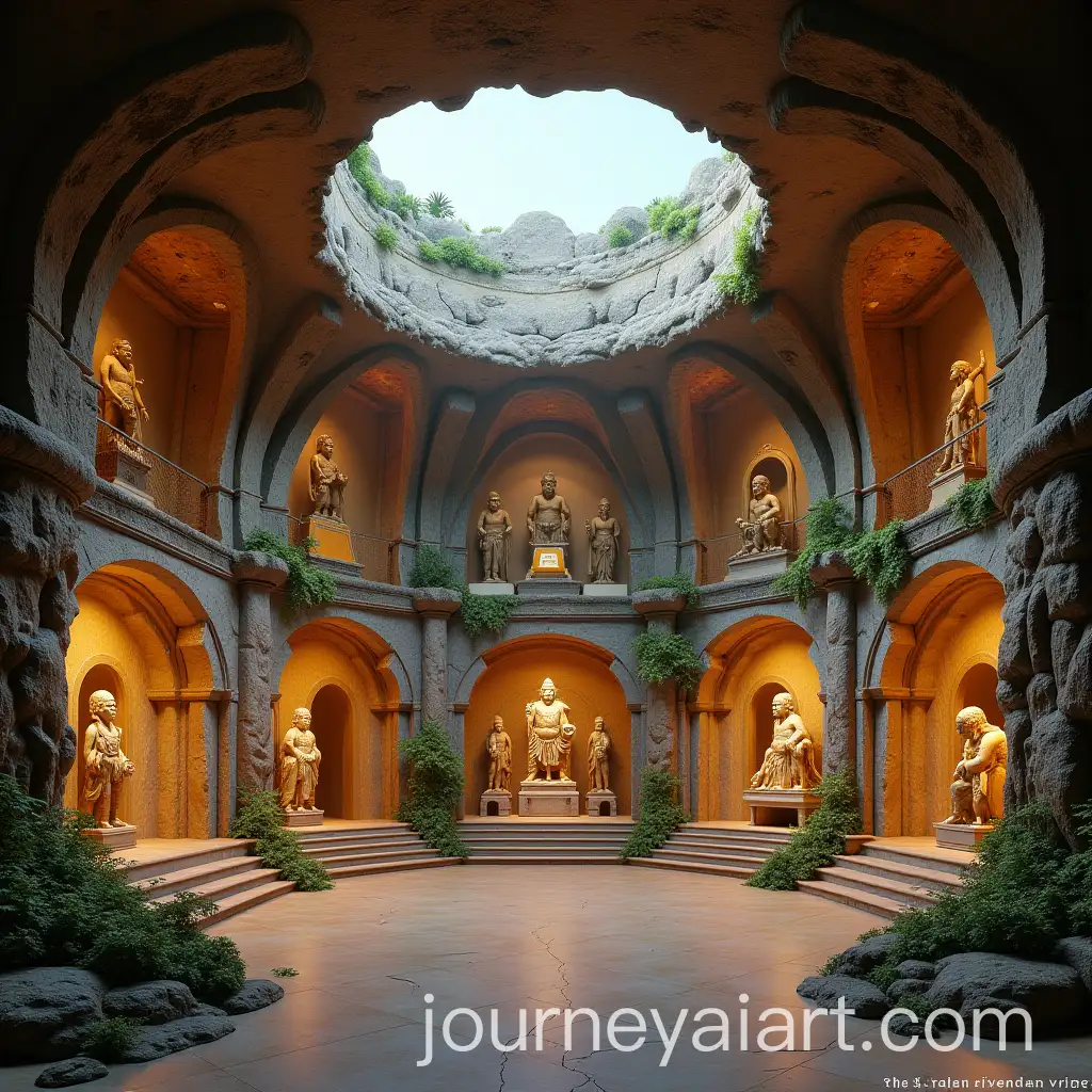 Museum-Hall-Depicting-Life-Events-of-Lord-Hanuman-with-Dramatic-Lighting-and-Natural-Elements