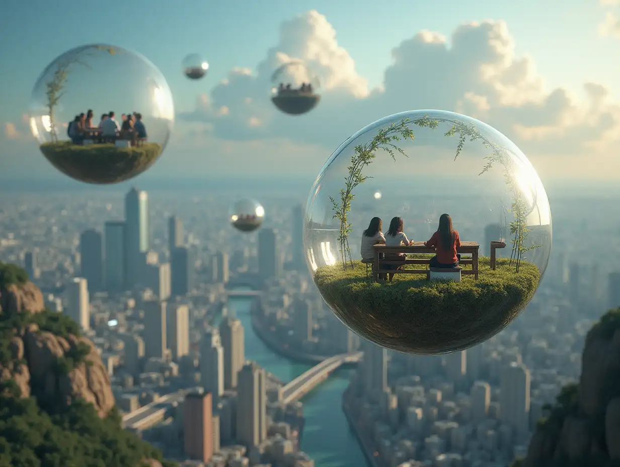 Ultradetailed hyperrealistic photo-realistic portrait Many flying large glass balls with seating area inside where people sit and look down at the city Texture, surfaces and lighting to give depth, dimension and a photo-realistic appearance