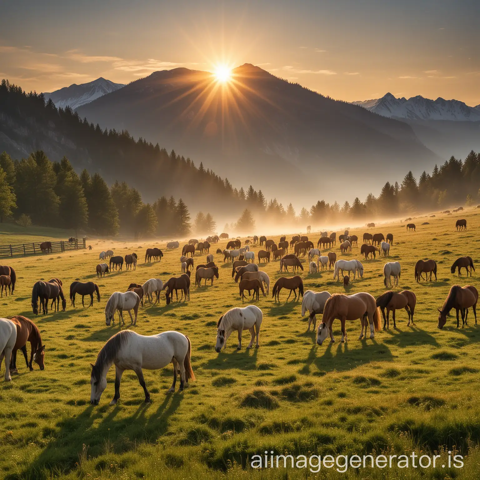 A meadow in which ten and twelve horses are grazing and behind a very beautiful mountain, the rising sun should be as high as 1598×593