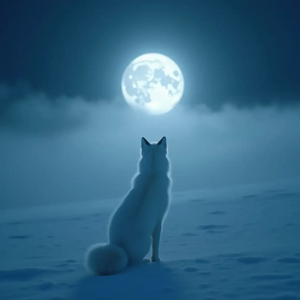 Snow-Fox-Flying-to-the-Moon-Above-Clouds-in-Dark-Blue-Foggy-Sky