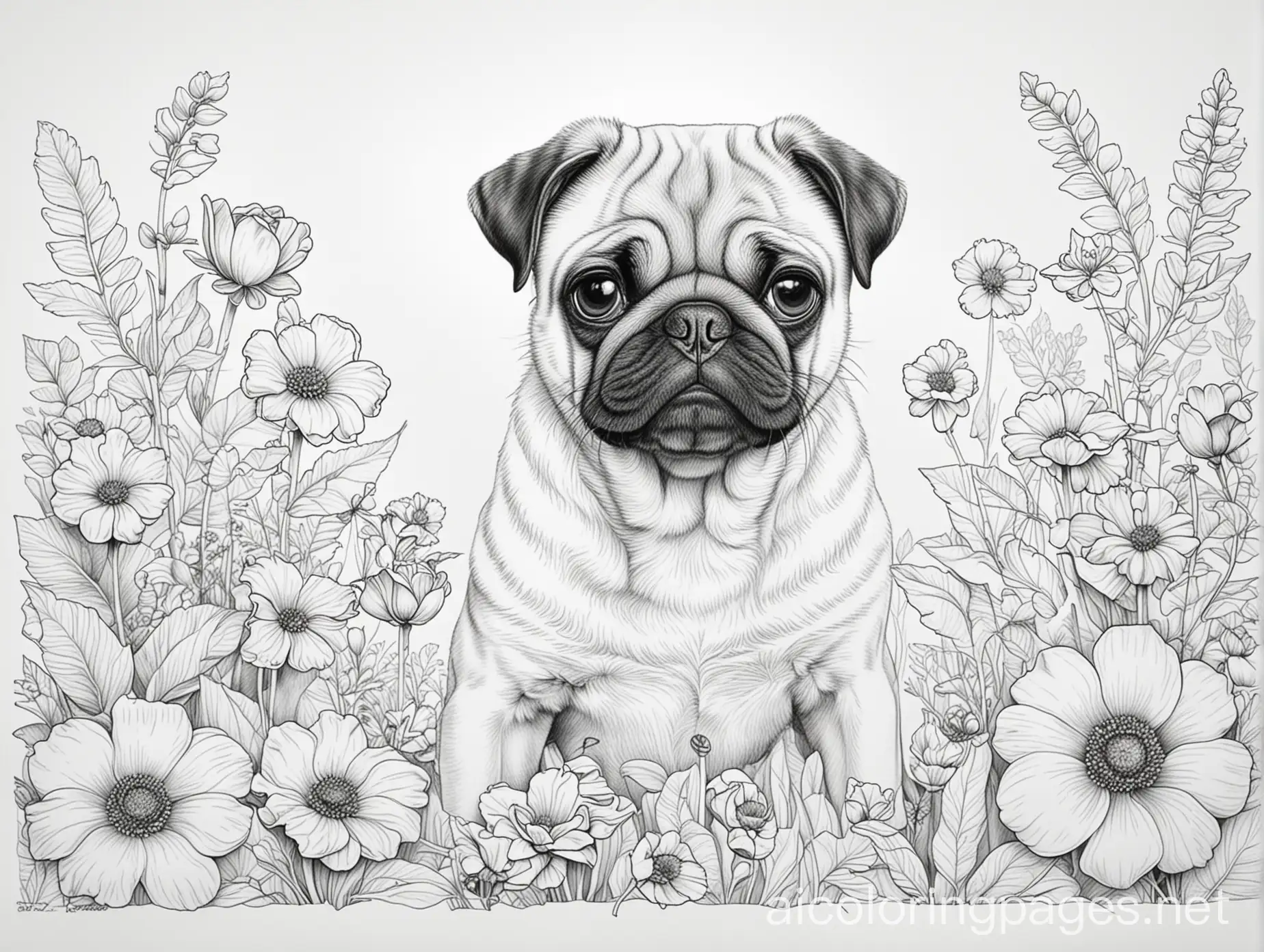 Cartoon-Pug-Playtime-in-Flowers-Coloring-Page