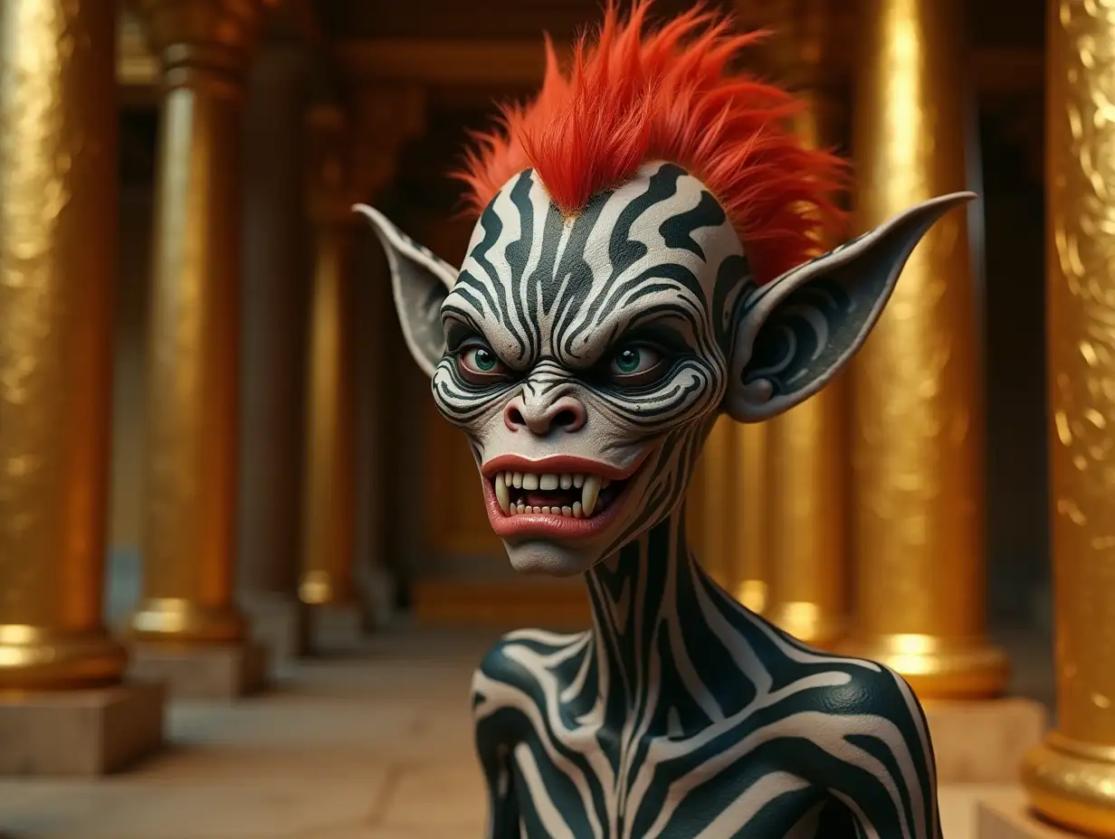 young black and white patterned troll with young black and white patterned alien face, long neck, sharp chin with red hair, expressing anger on the face, modern, in a temple of much gold in various shades, 4k, colorful