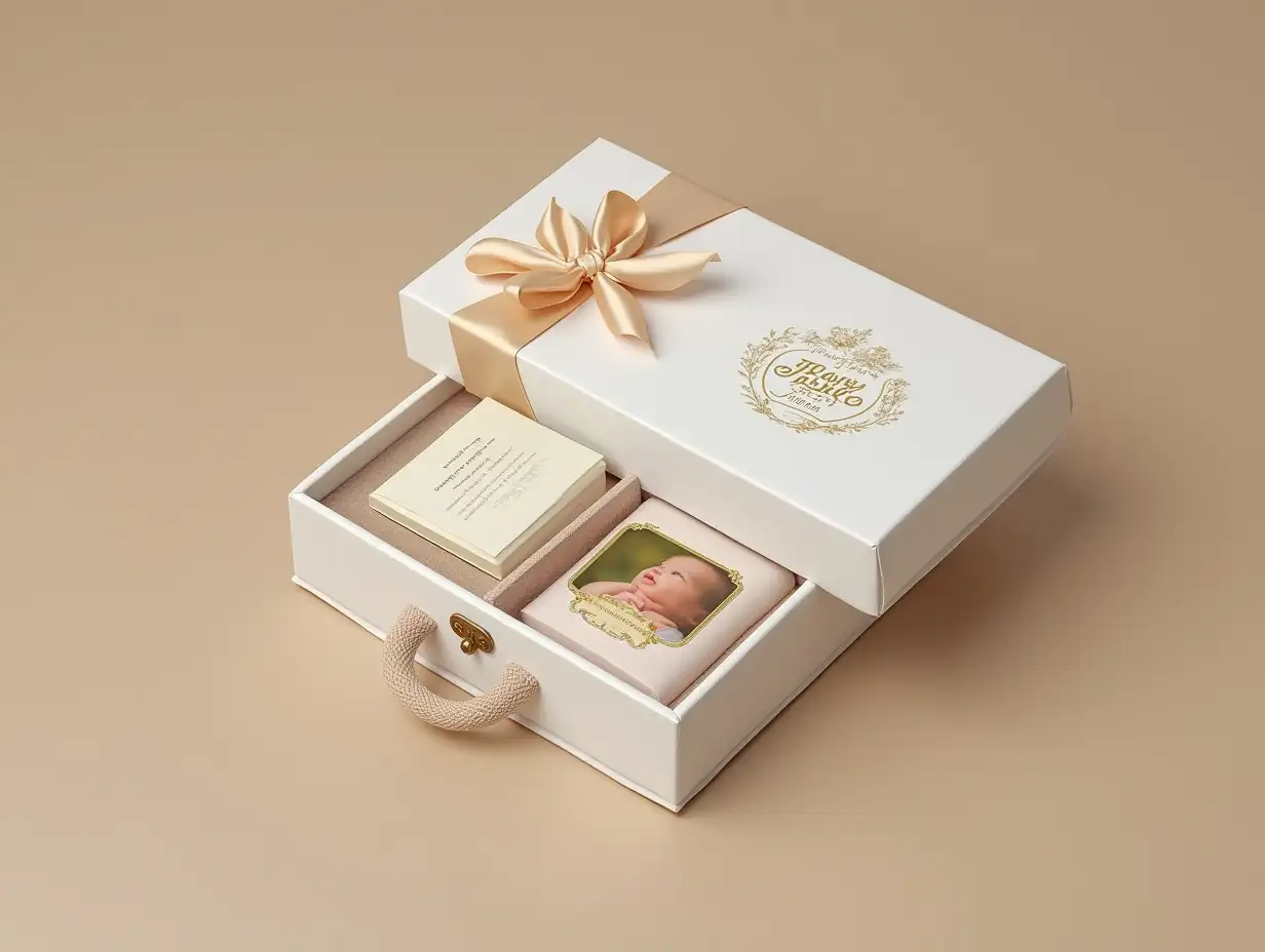 The design of a luxurious and creative packaging for the baby's photo includes a box of leather or velvet with gold, white and beige colors, along with subtle and personalized engravings. The inside of the box is designed with soft velvet and compartments for small photos and memorials. Adding details such as gold veins, mild LED lighting, and luxury fragrance provides a unique experience for customers. The use of silk ribbons, gold stamp, and leather handle adds to the appearance of the box. The prominent logo of your brand on the packaging induces a sense of authenticity and luxury. Gifts like golden pendants or personalized notebooks can create added value. This packaging should induce the customer to receive a particular treasure.