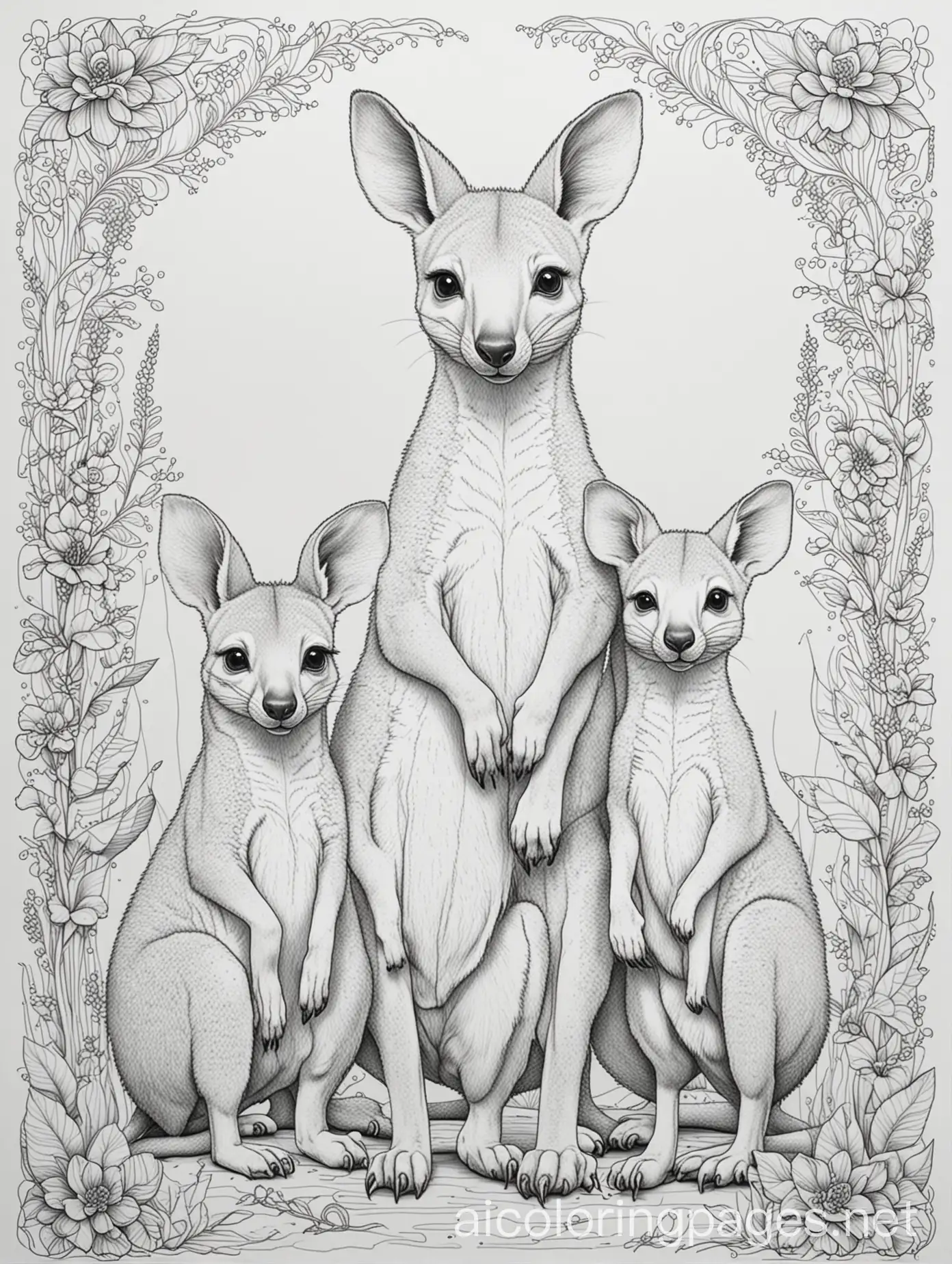 Kangaroo-and-Cubs-Coloring-Page-Detailed-Line-Art-for-Kids