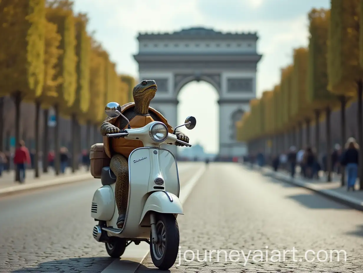 Turtle-Riding-White-Vespa-Scooter-Through-Paris-Streets-with-Arc-de-Triomphe-in-the-Distance