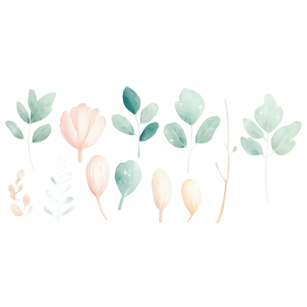 Minimalistic summer clipart set, pastel color palette, watercolor eucalyptus branches, white flowers, small seashells, starfish, abstract peach and mint watercolor spots, transparent background, modern and airy style, elegant soft design, suitable for shopping guide decor