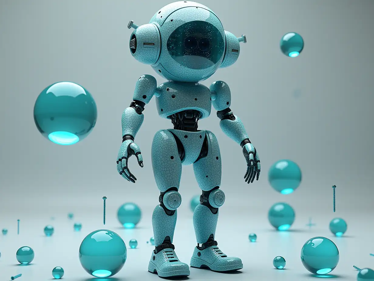 Create a high-resolution, realistic image of artificial intelligence (humanoid mixed Fractals patterns, two meters tall, with beautiful large glass balls in the hands Headphones arms and legs, with screws) and many small glass balls on the floor in 4k resolution