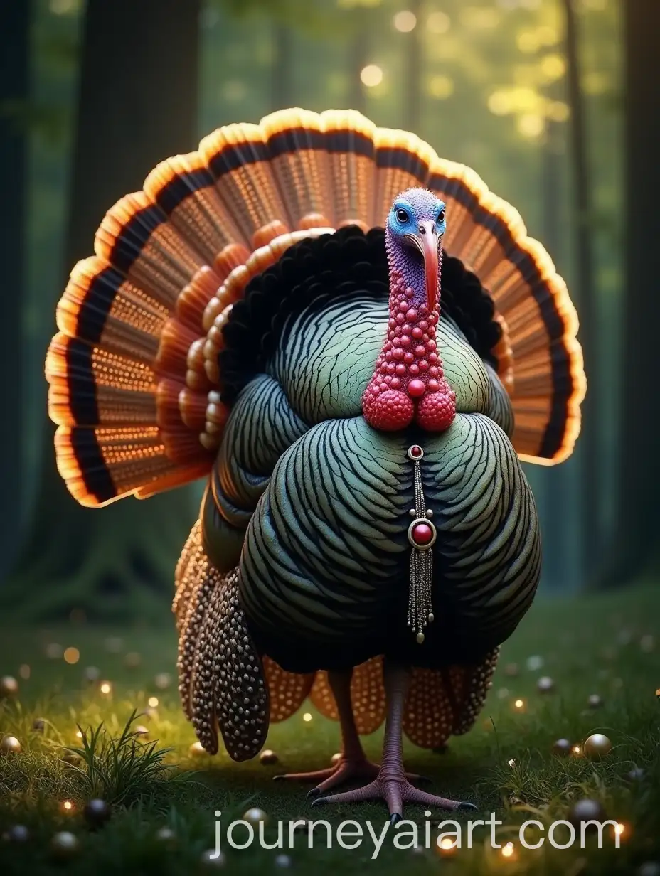 Majestic-Turkey-Adorned-with-Shimmering-Pearls-in-Lush-Forest