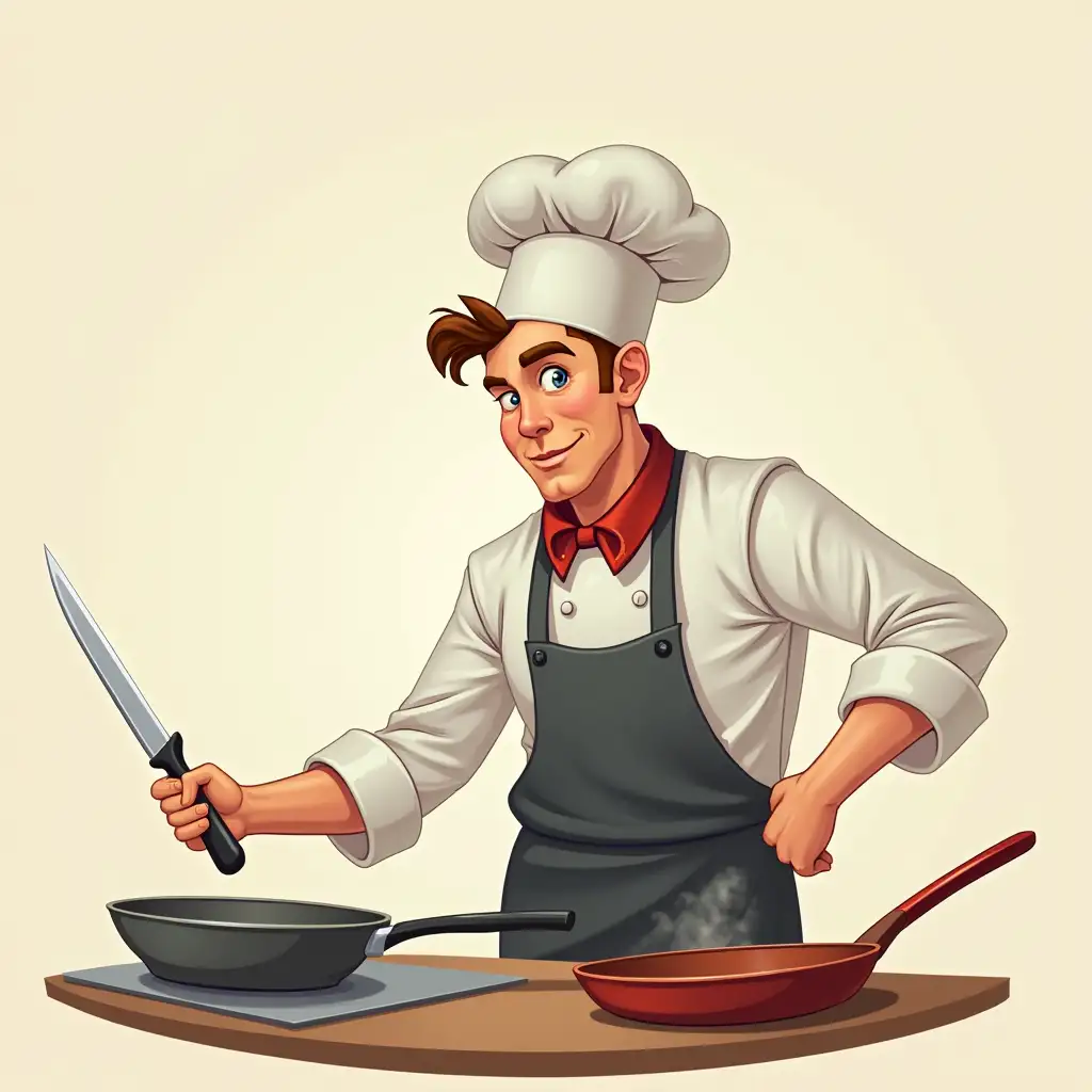 Chef, dishwasher, frying pan, knife, apron