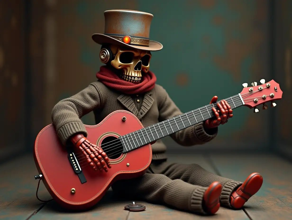 Create a high-resolution, realistic image of a robot with a skeleton body, red porcelain hands and head, a sweater, a Steampunk top hat, and a guitar on the floor in 4K resolution (Steampunk 8K quality)