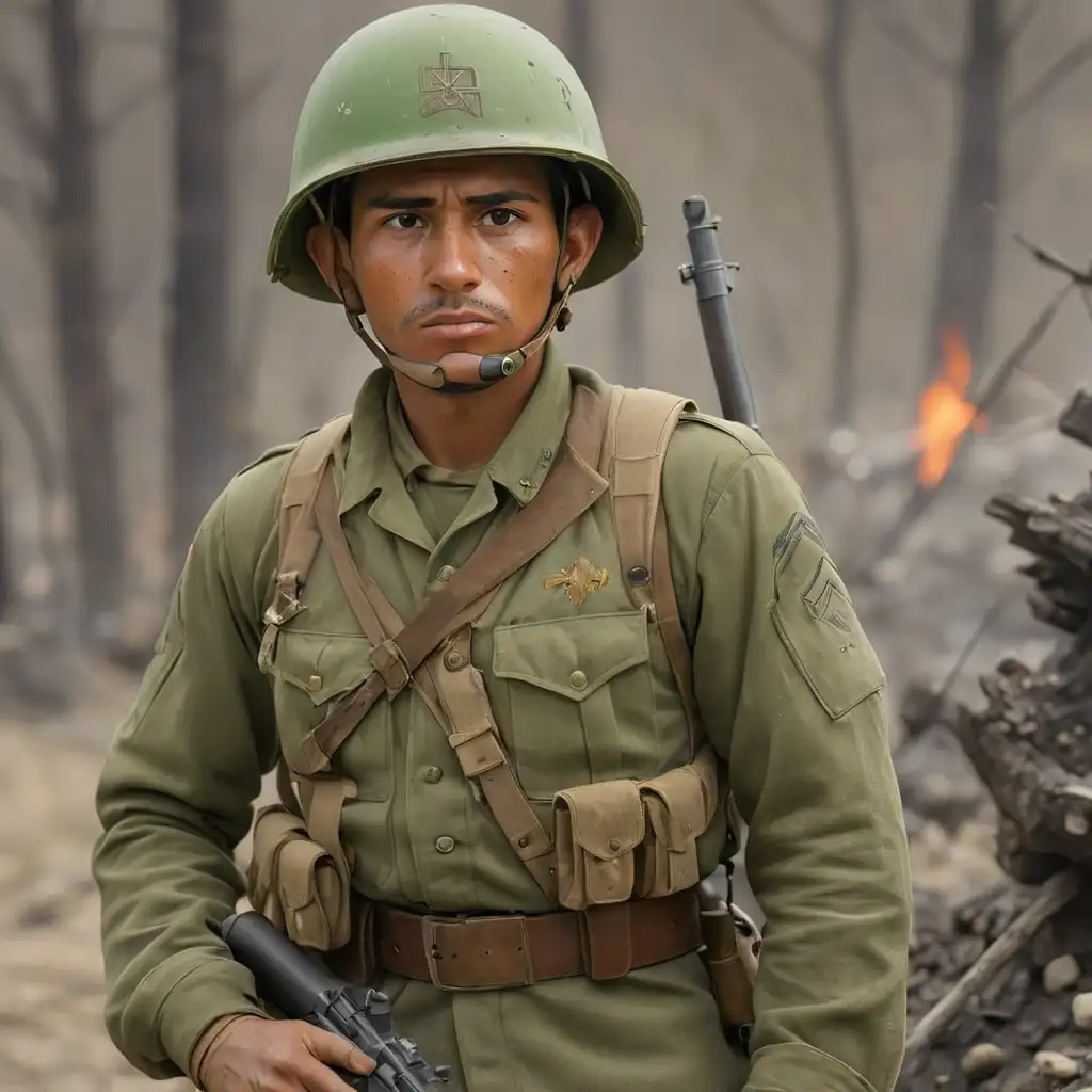 Mexican  American United States army soldier with no army patch a green helmet  with no markings on the helmet at all from WWII and a Browning Automatic rifle in a fire fight