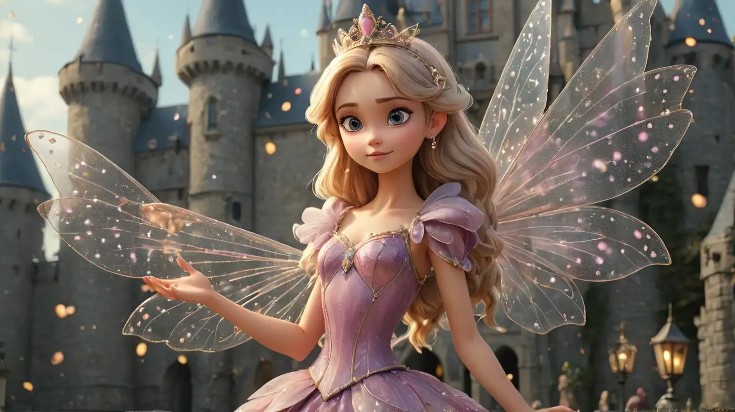 Enchanting Fairy with Sparkling Wings in Front of Castle