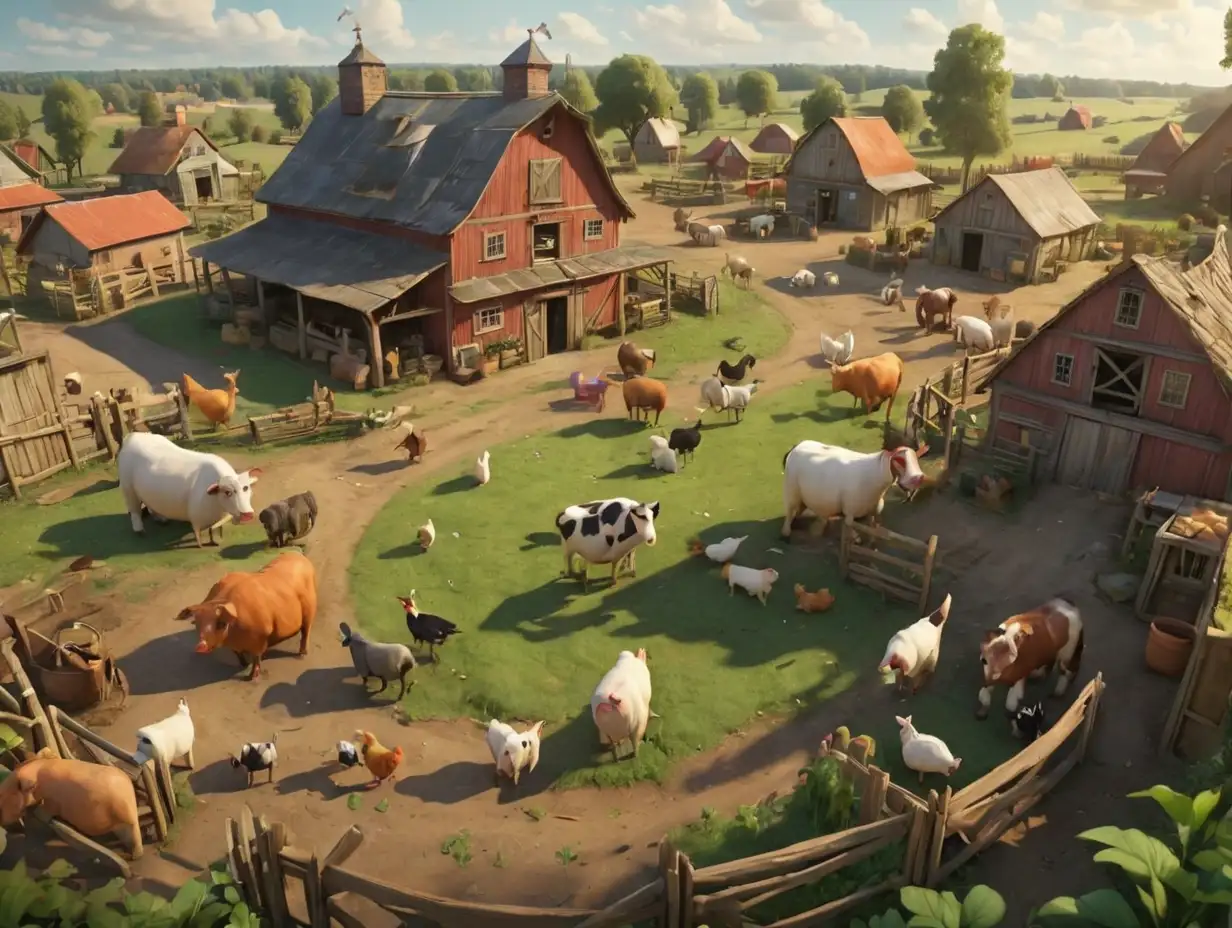 Wide-angle view of a farm with various animals in the farm, 3d disney inspire