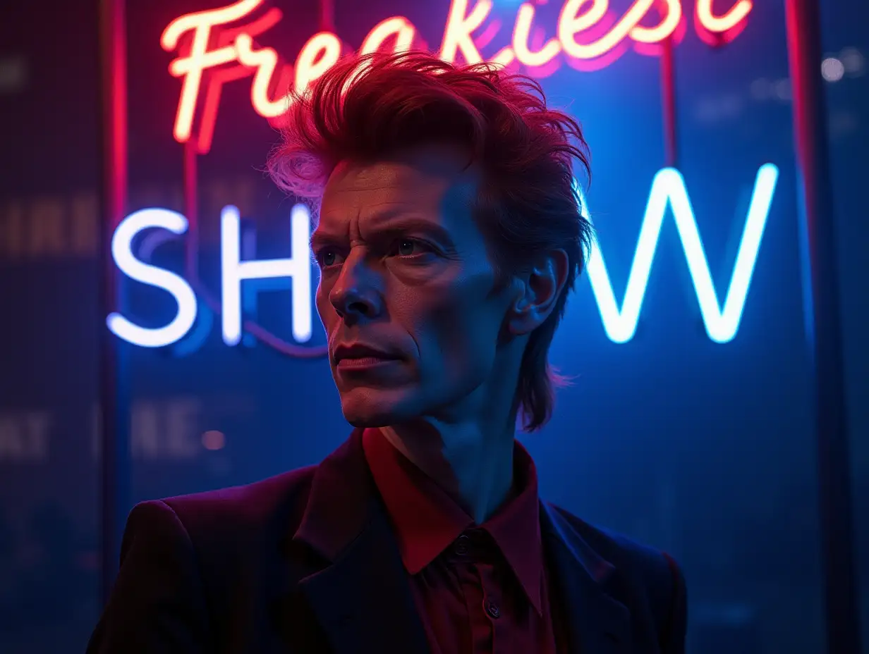 David-Bowie-as-Circus-Freak-Show-Ringmaster-with-Neon-Freakiest-Show-Sign-at-Dusk