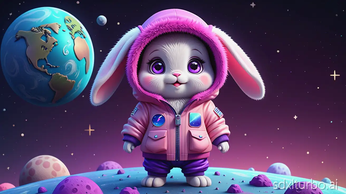 3D rendering, C4D, cartoon-style version, cute animal baby in space with colorful fur and big eyes stands on the planet moon, a cute rabbit wearing a soft pink and blue gradient hooded jacket made of fluffy material. There is an Earth background behind it, surrounded by stars. The overall color scheme is dark purple, with a cute character design, created using ZBrush, and an anime-inspired aesthetic. Bright colors, cute shapes, and full-body photos of cute, cartoon-style animals.