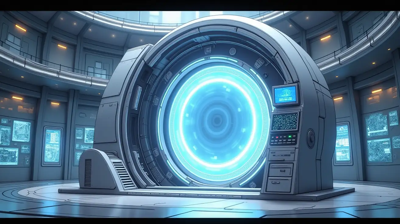 Anime drawing style, create a futuristic portal machine in an open, spacious environment. The machine features a sleek, high-tech design with smooth curves and a metallic finish. At its center, a large, glowing circular portal emits radiant light, surrounded by intricate machinery and energy conduits. On the right side of the portal, add an attached futuristic screen and keypad; the screen should be placed above the keypad, forming a compact and integrated unit. Include advanced control panels with holographic displays, buttons, and levers that appear interactive. Add floating screens showing data and maps around the machine. The open setting should be illuminated with ambient light, emphasizing the innovative and awe-inspiring technology. Anime style.