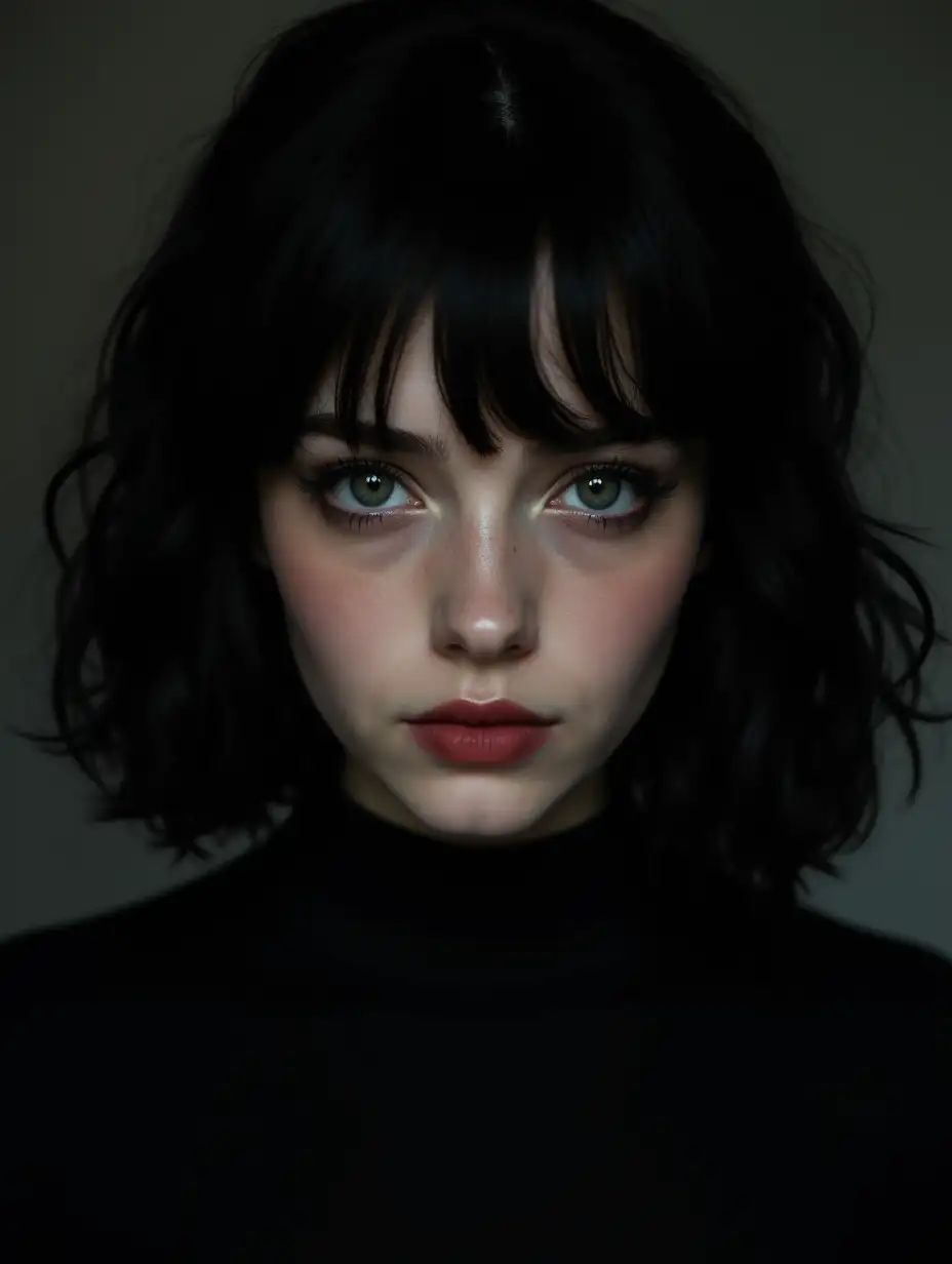 A Gothic photo shoot of a 32-year-old woman with a round face and medium-length black hair.