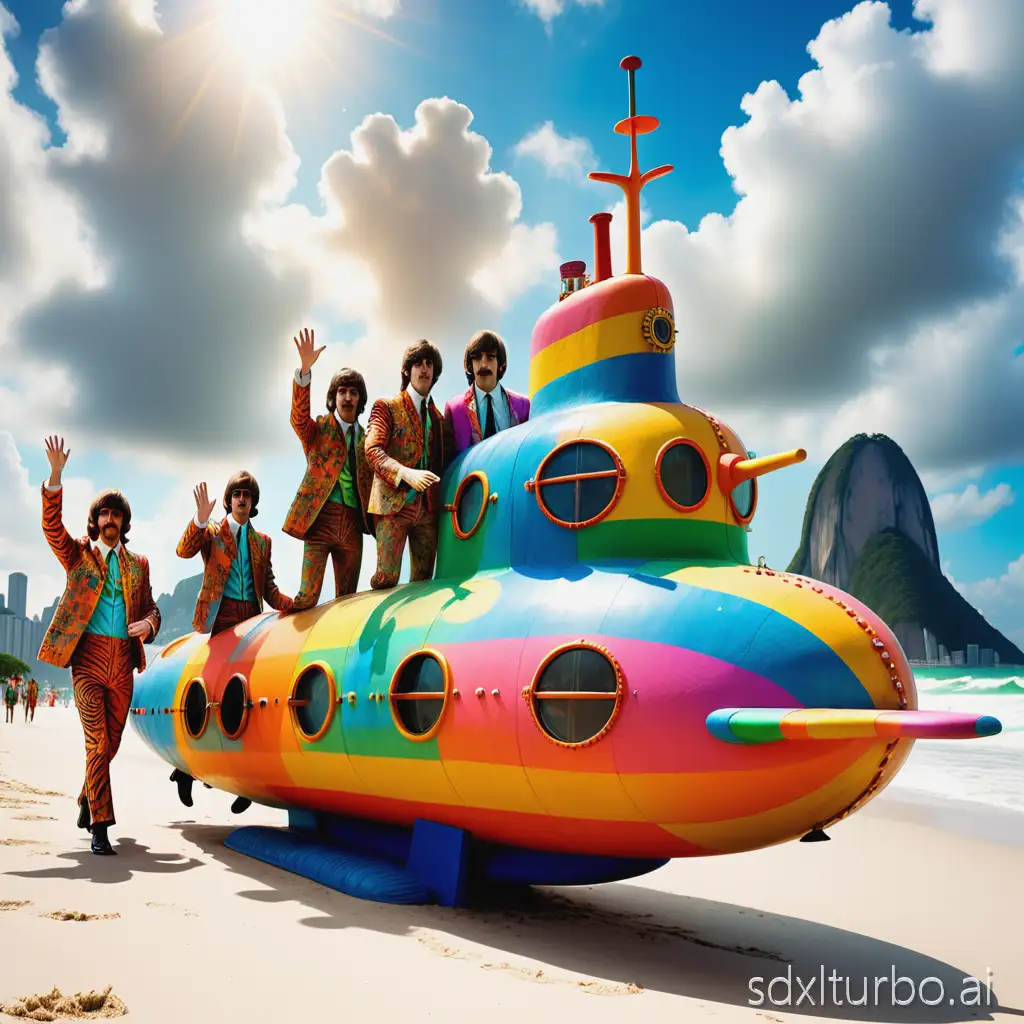 The Beatles wear a submarine on the beach of Rio de Janeiro, some dancers are on their way, a tiger walks by. Everything is very colorful. In the sky clouds in hippie colors. The sun is shining.