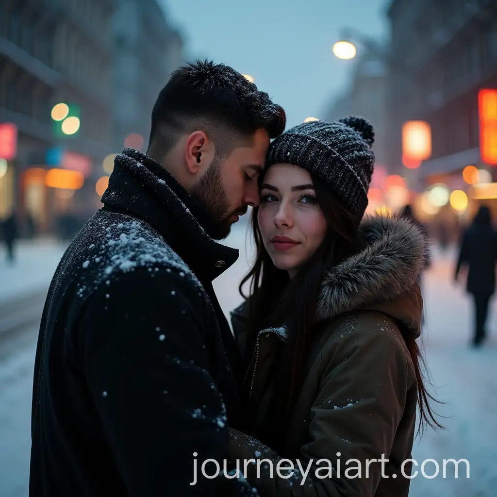 Cinematic-Snowy-Street-Portrait-of-Couple-in-NeoRomantic-Style