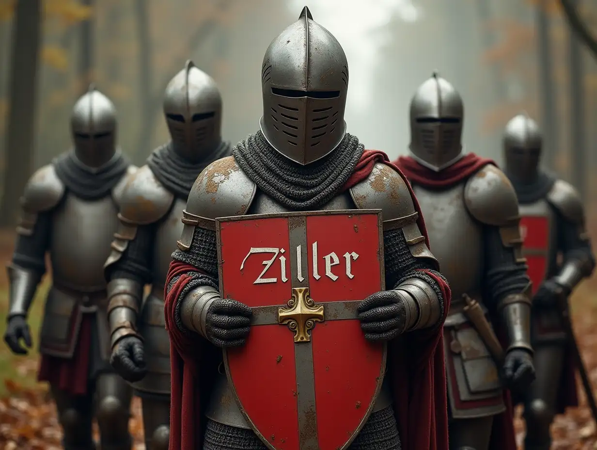 five old tired medieval knights without helmet. one has the shield with the word Ziller