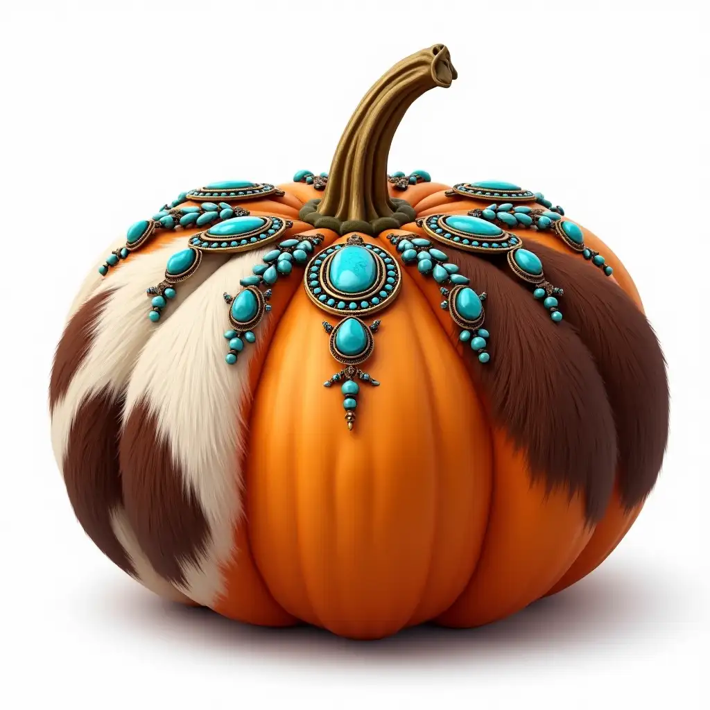 Realistic-Cowhide-Pumpkin-with-Turquoise-Gems-and-WesternAI-Art-Prompt-Expansion-Lace-Details