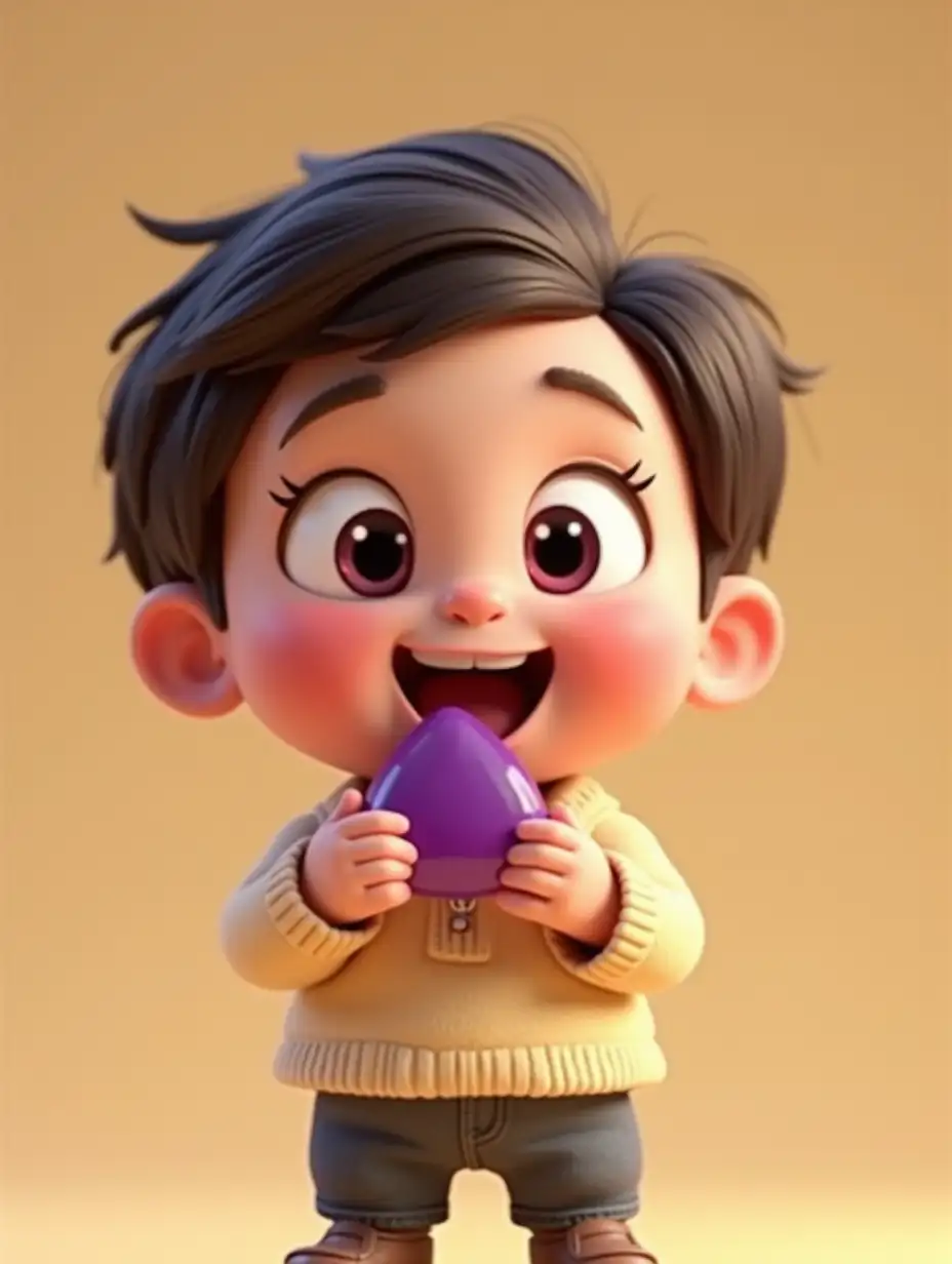 3d animation with a 3-year-old child who is eating a small purple gummy and has sweet pink cheeks, grinning