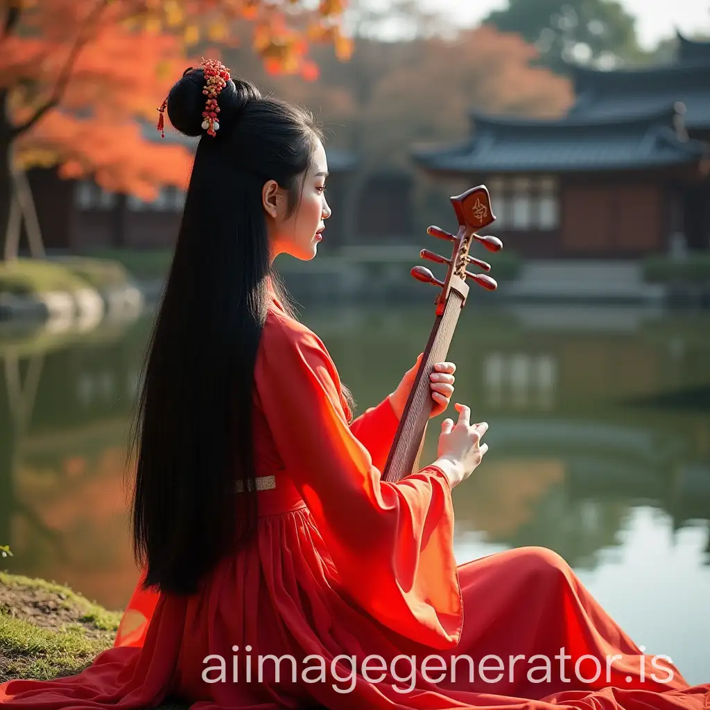 Asian-Woman-Playing-Traditional-Chinese-Guqin-by-Serene-Pond-in-Autumn-Setting