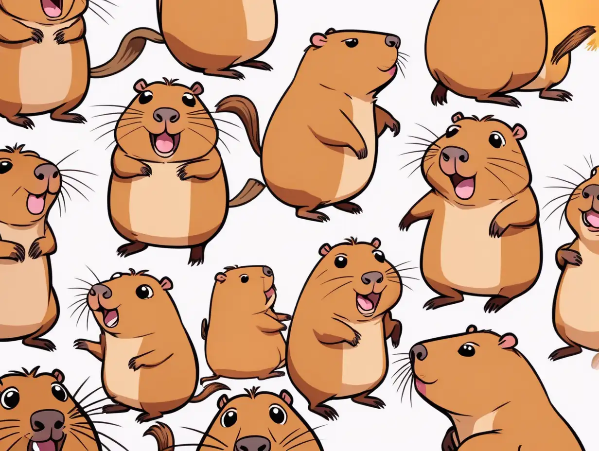 various capybaras, various expressions, cartoon style, for children animation, brown capybara, various poses, various angles, large and round eyes, suggesting a friendly attitude, cute