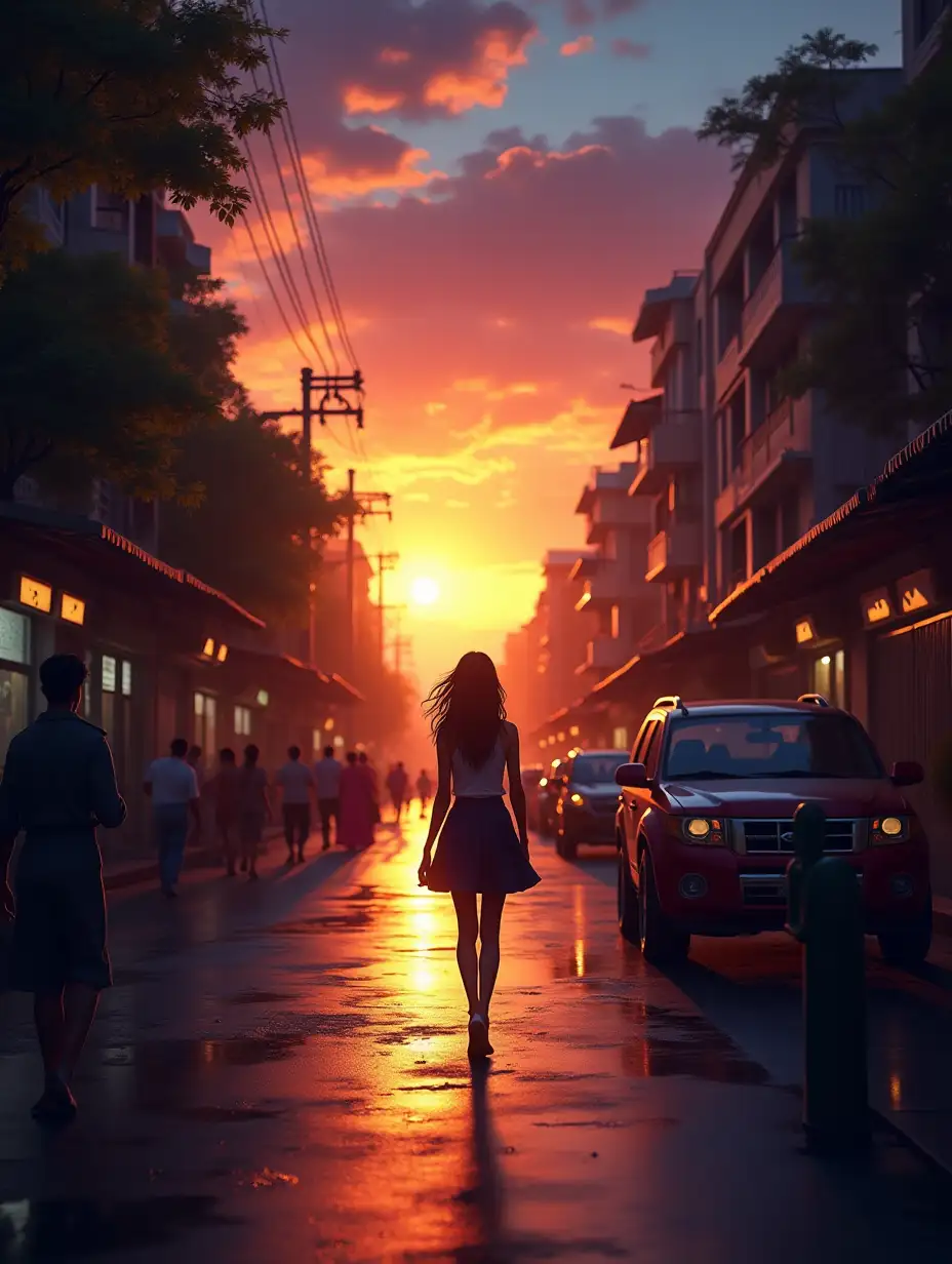 Vibrant-Sunset-on-a-Busy-Street-with-a-Woman-in-a-Detailed-Landscape