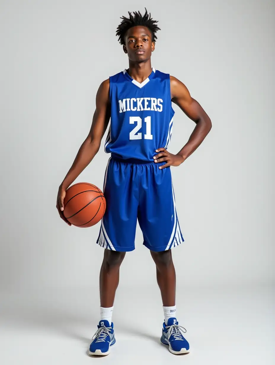 High School Basketball Star Poised for Action in Blue White Uniform