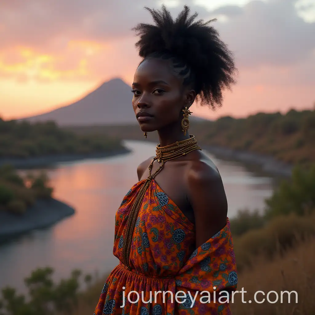 Empowering-African-Futurism-Woman-in-Vibrant-Landscape-at-Dusk