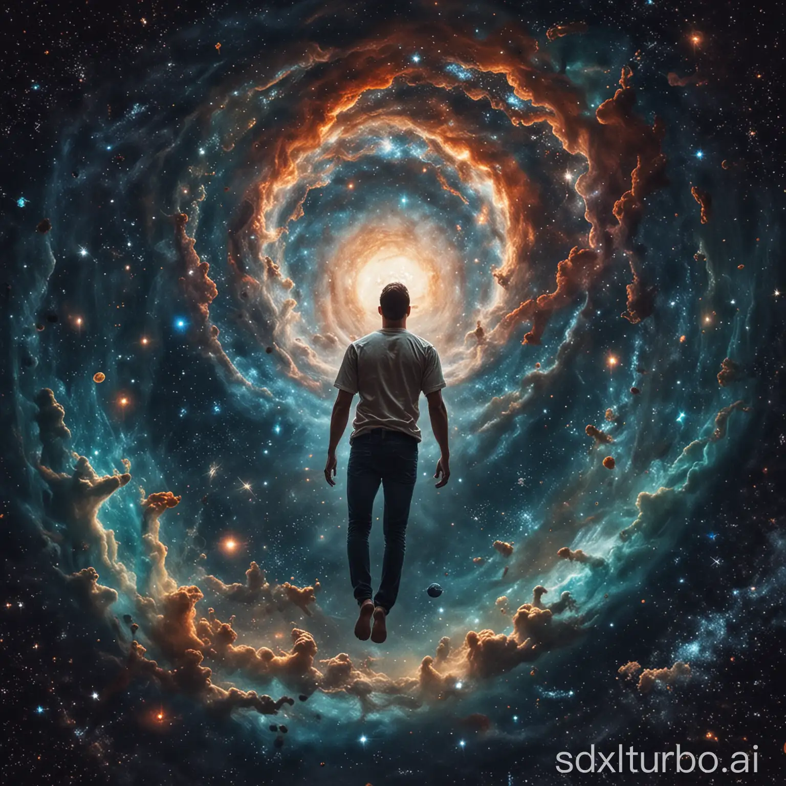 A man floating in the universe