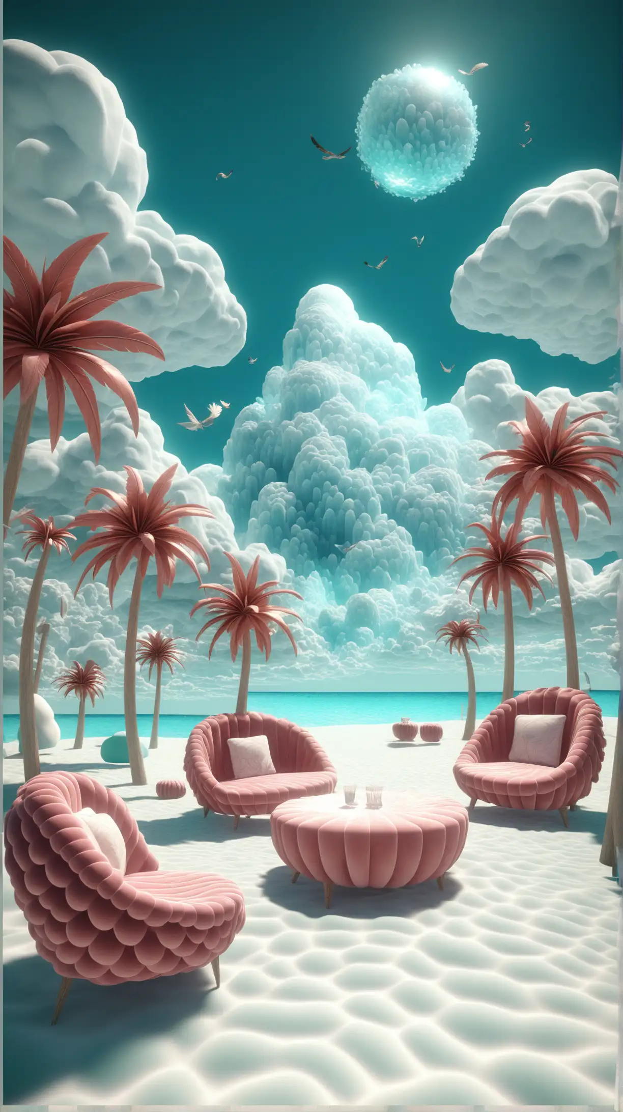 Surreal Tropical Beach with Cozy Feather Lounge Seats and Crystal Clouds