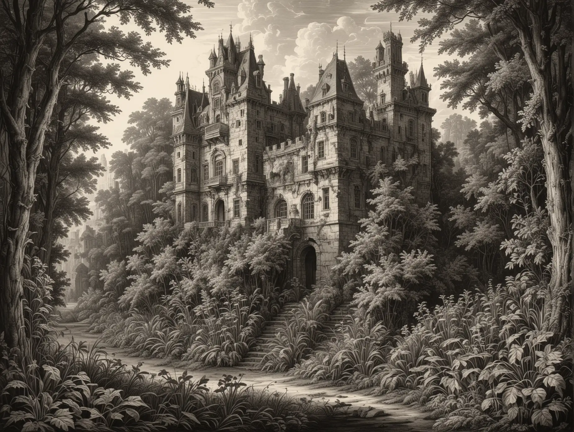 An intricate copperplate engraving of an overgrown ancient castle. The design features fine architectural details, with precise lines and cross-hatching to create depth and dimension. The vegetation is prominently displayed. The overall composition reflects baroque artistry, with a focus on elegance and meticulous craftsmanship.