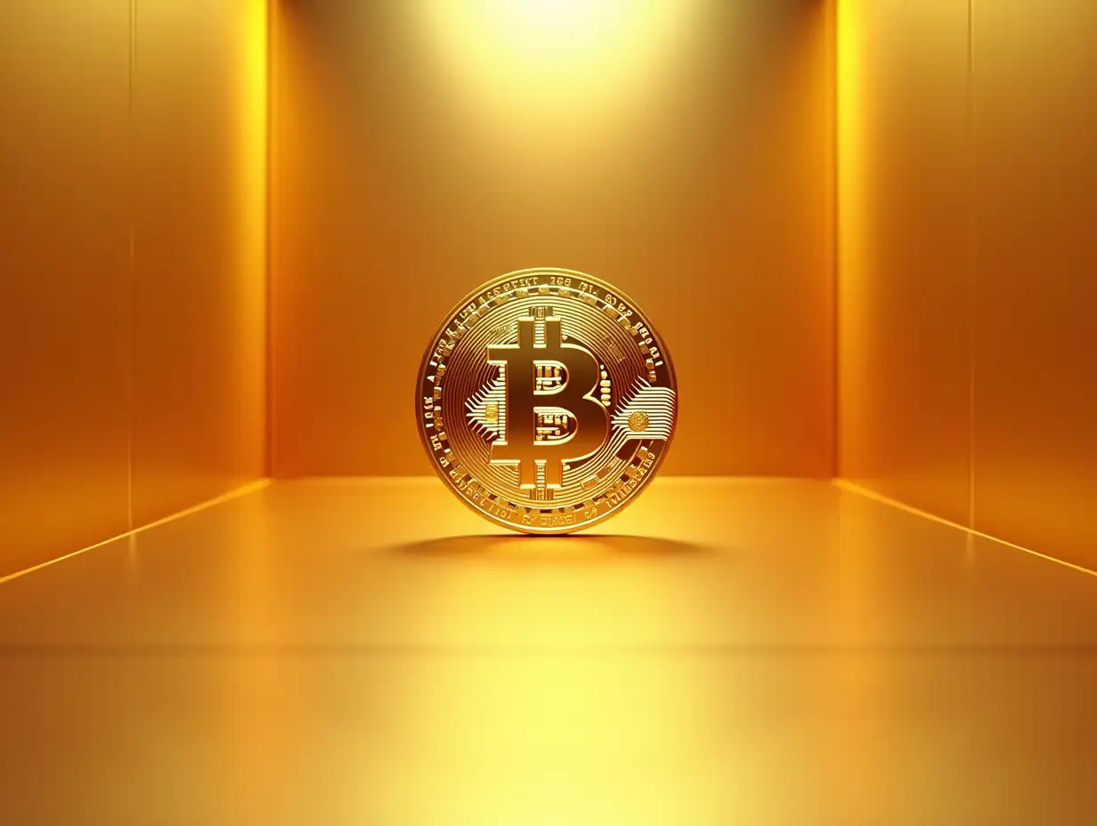 An empty, luxurious room with walls made of a seamless blend of gold and platinum, reflecting light softly to create a radiant, glowing ambiance. At the center of the room, a 3D Bitcoin crafted from gold and platinum floats gracefully, emitting a subtle glow that enhances its polished, reflective surface. The lighting is bright and evenly diffused, casting delicate highlights and shadows across the room, emphasizing its opulence and simplicity. Highly detailed, highly sharp, clear, clean line, artistic, eye-catching, very attractive, 128k