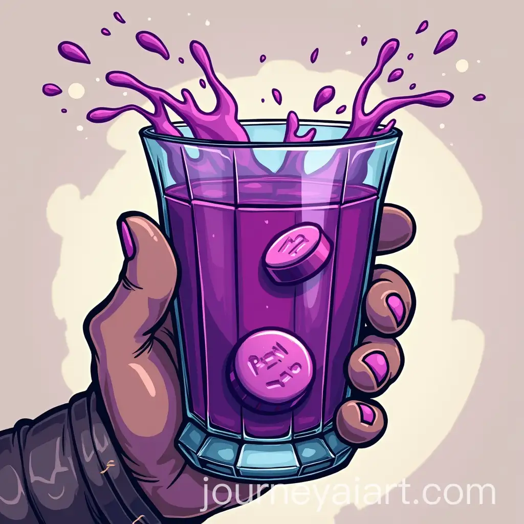 Hand-Holding-a-Faceted-Glass-with-Purple-Fizzy-Tablets
