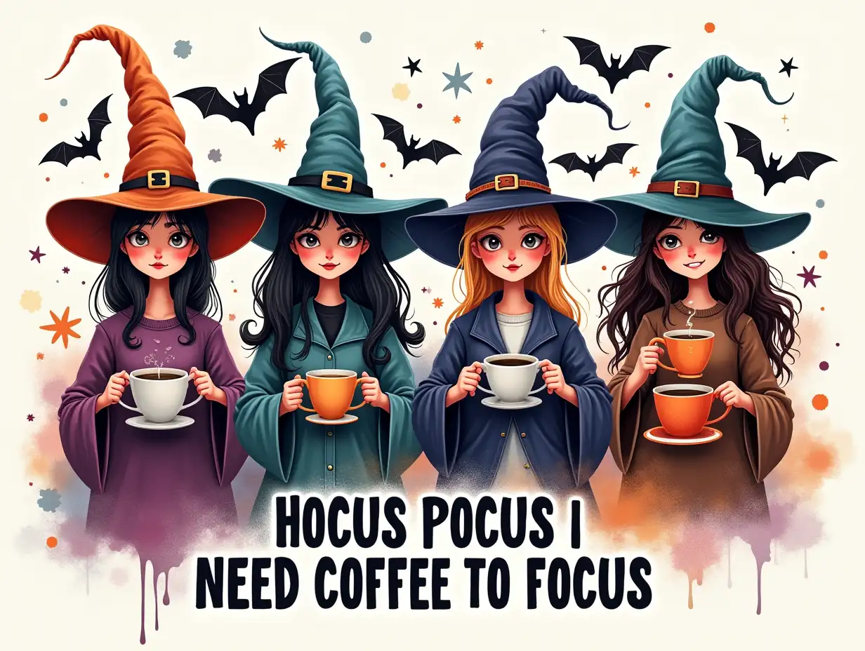 Feminine. Four mischievous witches with pointed hats and wrinkled faces, each holding a different cup of coffee. The witches are surrounded by colorful splashes of paint and bats, creating a whimsical and festive atmosphere. The overall style is detailed and vibrant, with a focus on the playful and spooky elements of Halloween. featuring the word 'HOCUS POCUS I NEED COFFEE TO FOCUS' in bold, middle nine. Vector. Four mischievous witches with pointed hats and wrinkled faces, each holding a different cup of coffee. The witches are surrounded by colorful splashes of paint and bats, creating a whimsical and festive atmosphere. The overall style is detailed and vibrant, with a focus on the playful and spooky elements of Halloween. featuring the word 'HOCUS POCUS I NEED COFFEE TO FOCUS' in bold, middle nine. seamless design