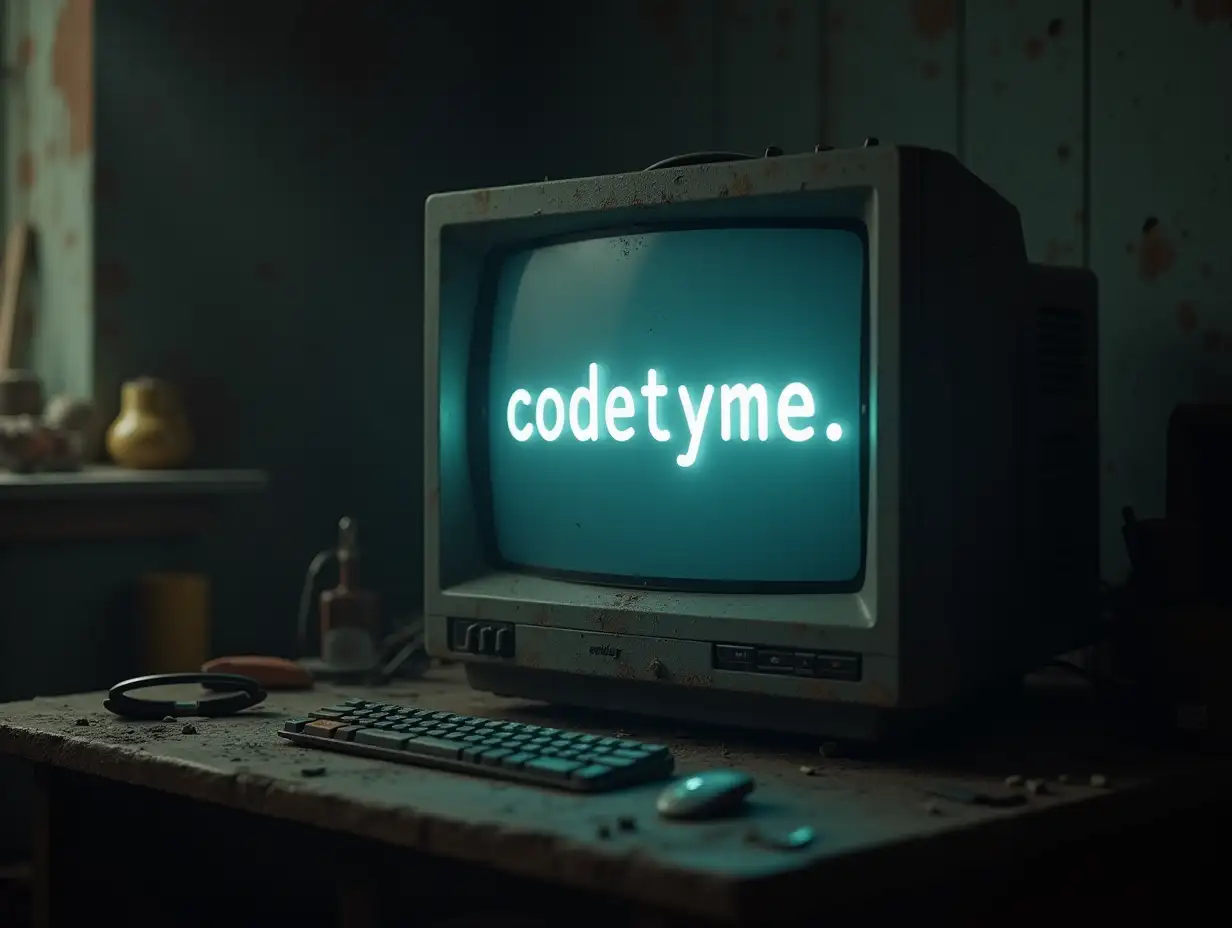 detailed cinematic dof render of an old dusty detailed CRT monitor on a wooden desk in a dim room with items around, messy dirty room. On the screen are the letters 'codetyme.' glowing softly. High detail hard surface render