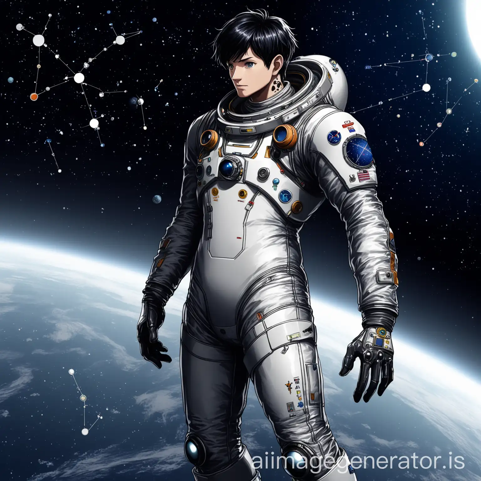 Orin is of average height (1,85 m), with a slim but athletic silhouette. His short, black hair is slightly sparse due to prolonged exposure to space environments. He has grey-silver eyes that seem to scan the infinite. A constellation tattoo adorns his right arm, a mark of his former spaceship. His clothing is functional: a space suit with touches of polished metal, a long coat, and reinforced boots. He also wears a high-tech command glove on his left hand.