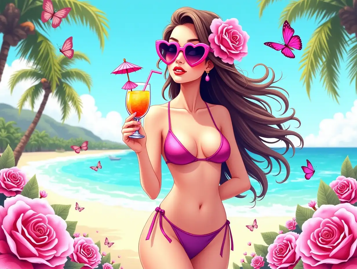 Watercolor art, vintage, vector, seamless. Create a vibrant tropical beach scene featuring a young woman with long, flowing hair adorned with pink roses and butterflies. She wears heart-shaped sunglasses and a stylish bikini, gracefully holding a colorful cocktail with a tiny umbrella. The background includes a sunny beach, azure waters, and swaying palm trees, with pink and purple butterflies fluttering above. Use bright, saturated colors focusing on pinks, purples, and blues for a lively atmosphere. Surround her with large blooming roses and whimsical elements, incorporating the text 'BEACH MORE WORRY LESS' in a bold, artistic font. The style should blend pop art and modern digital aesthetics for a cheerful, summery mood.