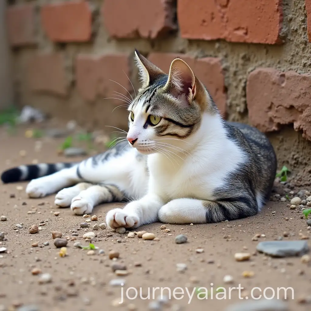 Cat-Relaxing-on-the-Ground-with-White-and-Gray-Tabby-Fur-in-Outdoor-Setting