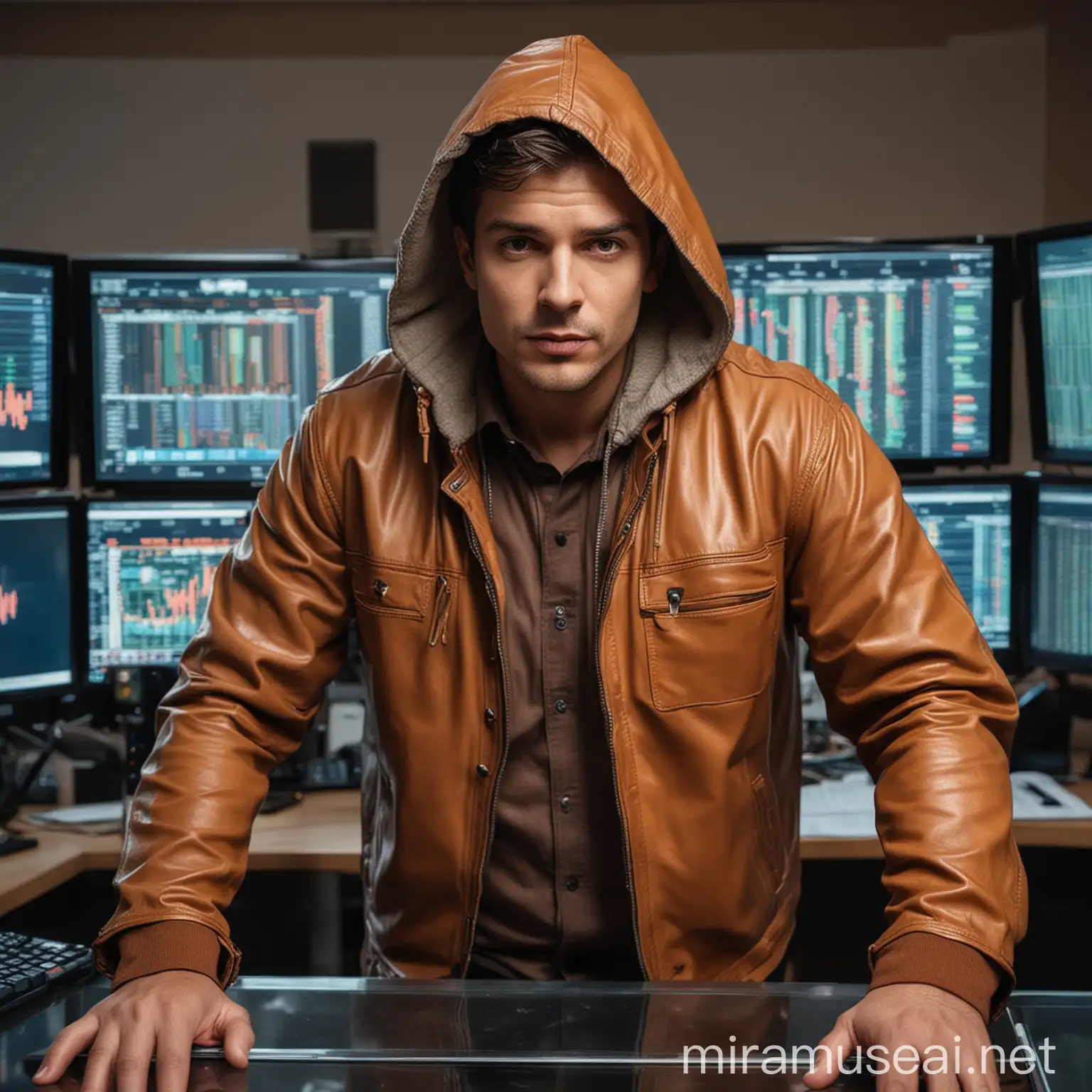 Man in Caramel Leather Jacket with Hood Amid Office Monitors Stock Exchange Scene