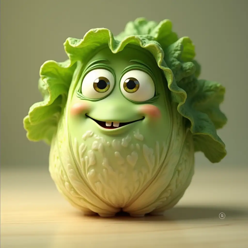 A salad with eyes and a smile in the style of Pixar, with the inscription 'gpt without five' at the bottom