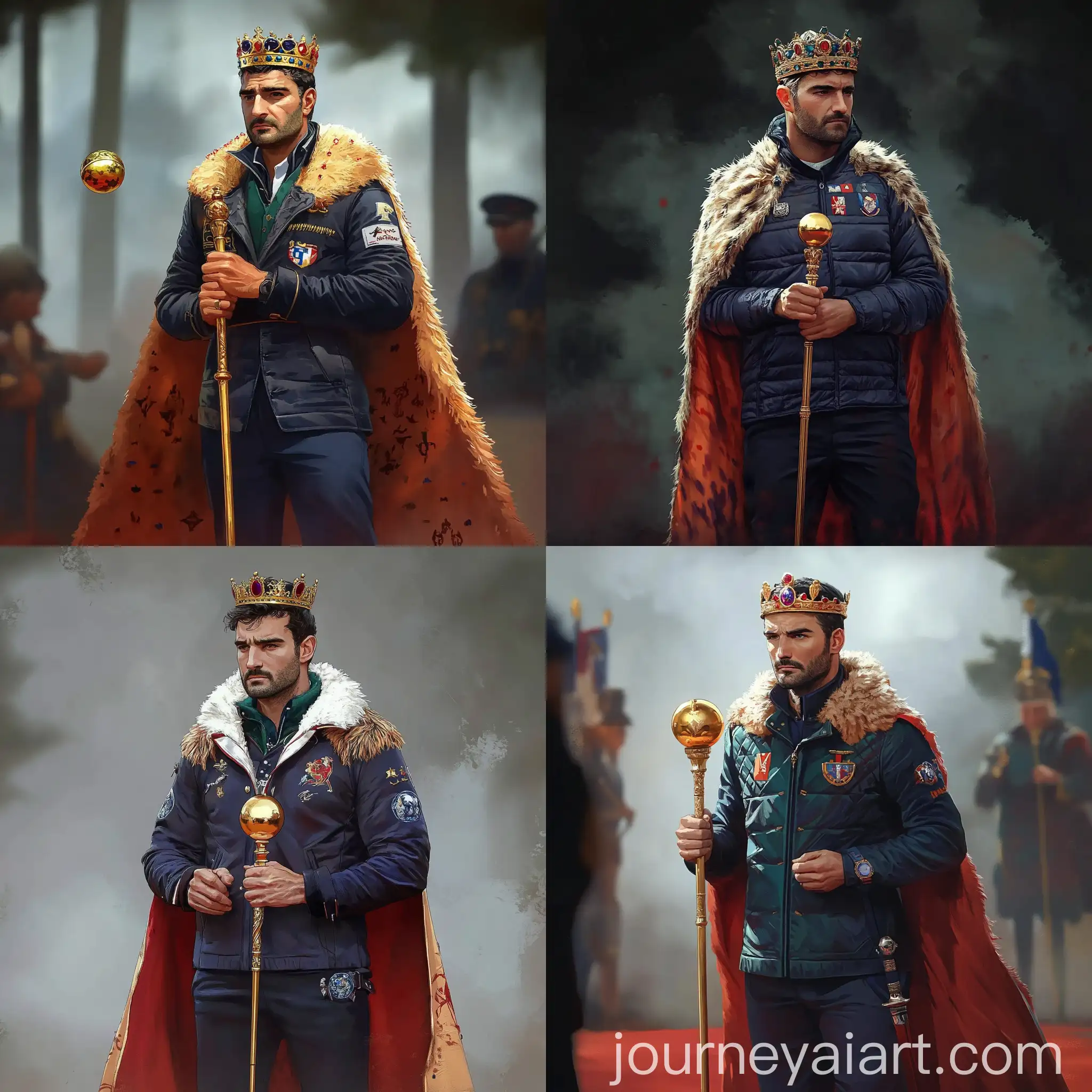 French-Baron-with-Dalmatian-Fur-Cape-and-Golden-Scepter-on-Red-Carpet