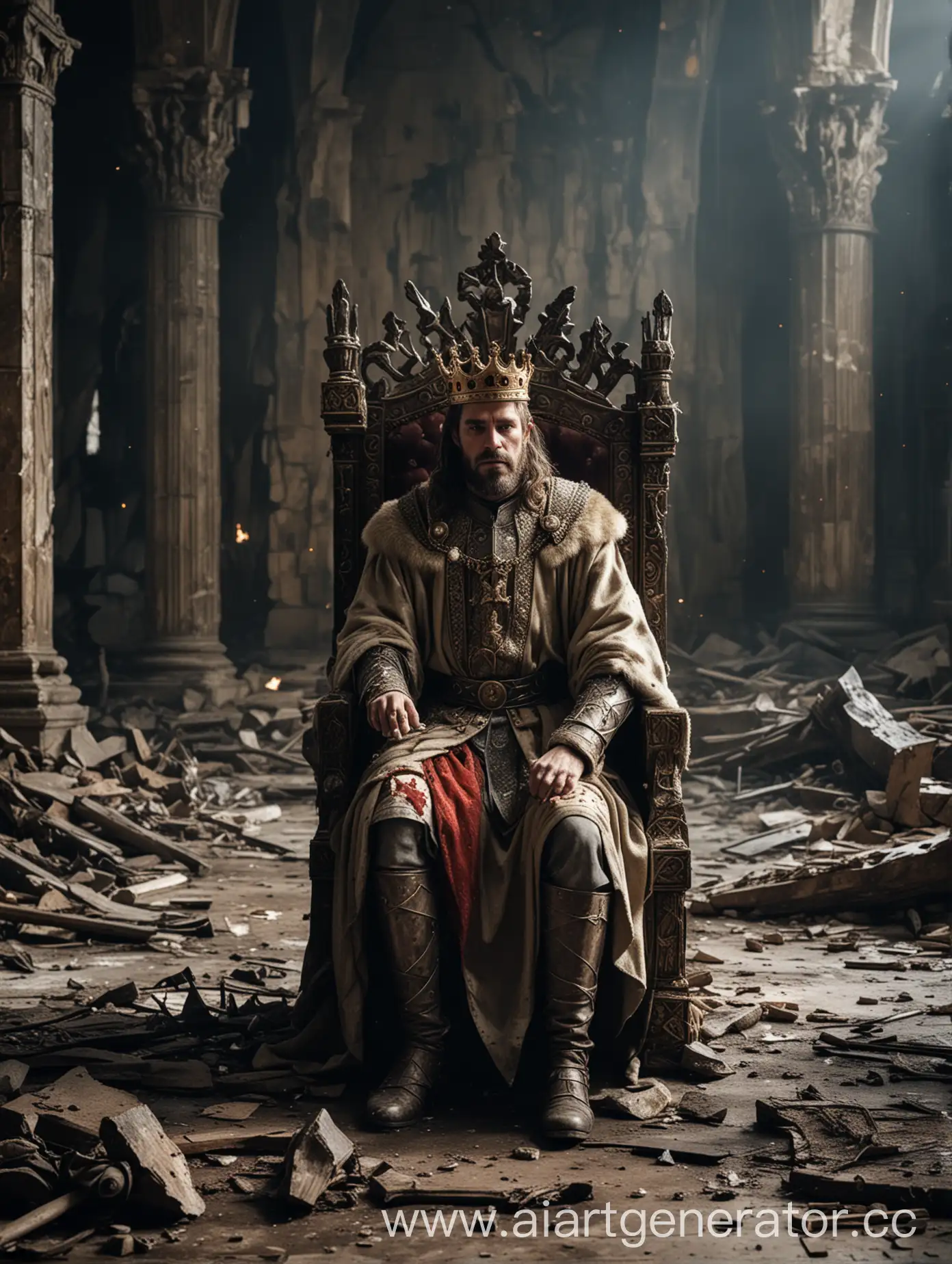 A lonely adult king in a crown sits on a throne in the throne room destroyed after the battle