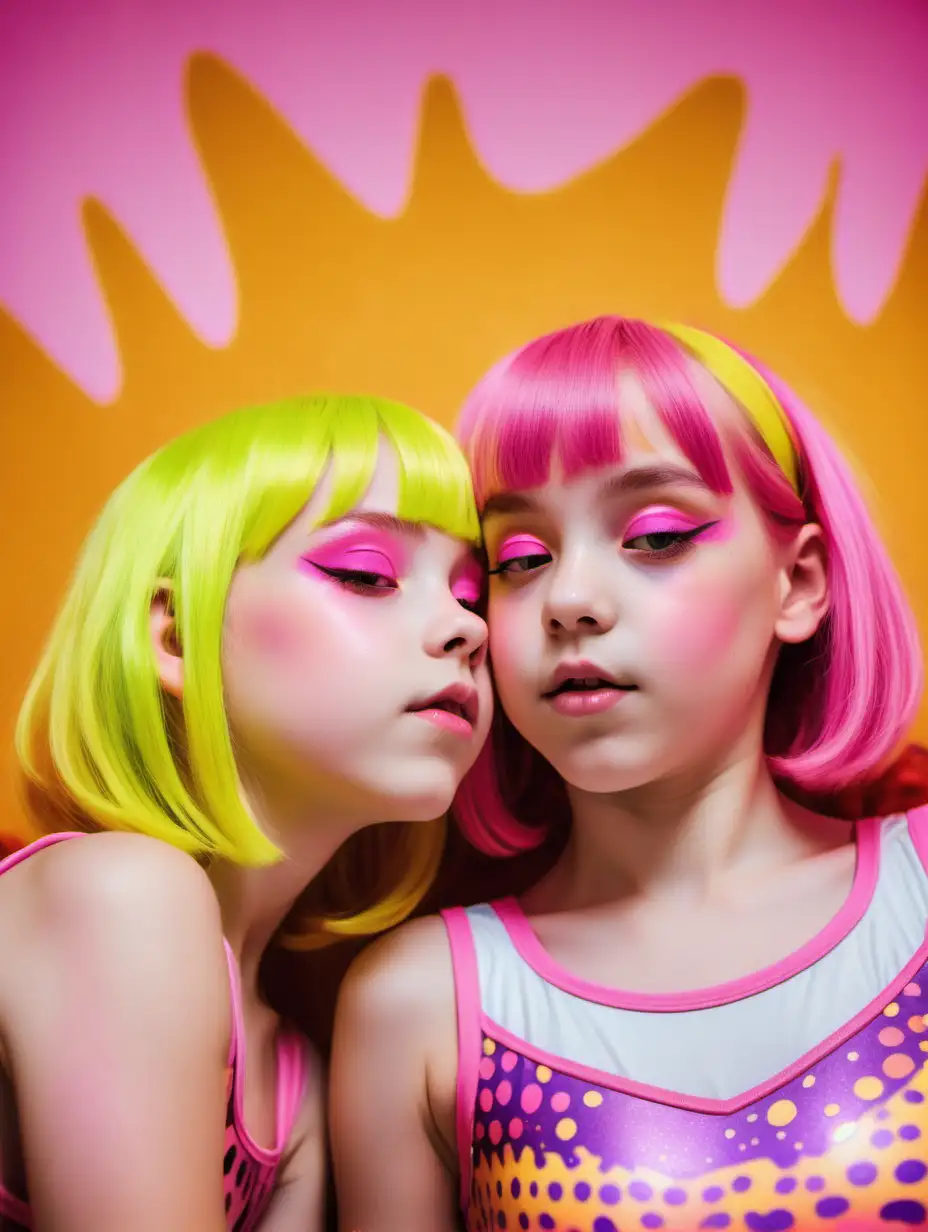 Two-10YearOld-Girls-with-Colorful-Hair-Hugging-and-Kissing-in-Psychedelic-Setting